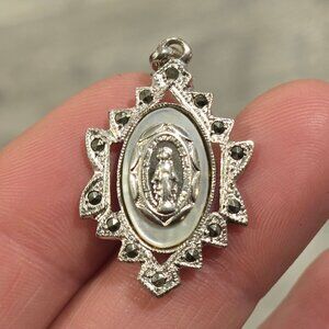 Vintage Sterling Marcasite & Mother Of Pearl Miraculous Medal RELIGIOUS PENDANT
